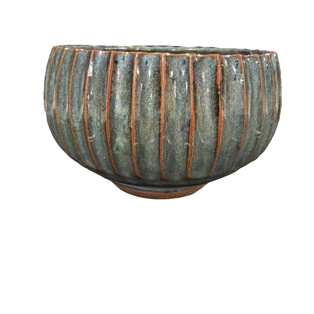 MCM Hand-thrown Glazed Ceramic Ribbed Bowl Trimmed Foot Makers Mark PS